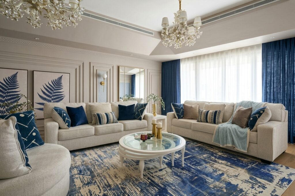 inspirasi cat tembok warna taupe dan biru